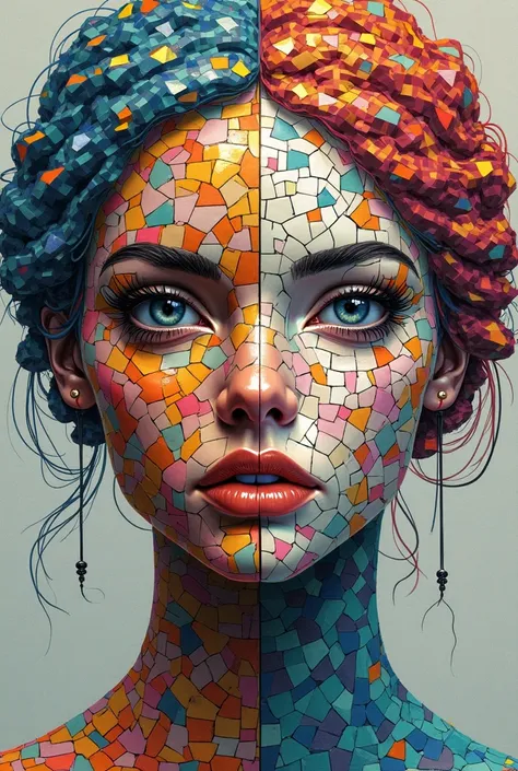 Half male half female face in colorful mosaics 