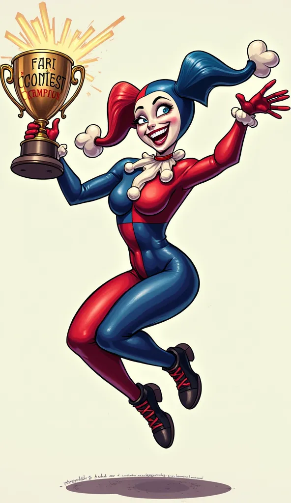 Harley Quinn jumping up and down in excitement, holding a “Fart Contest Champion” trophy

