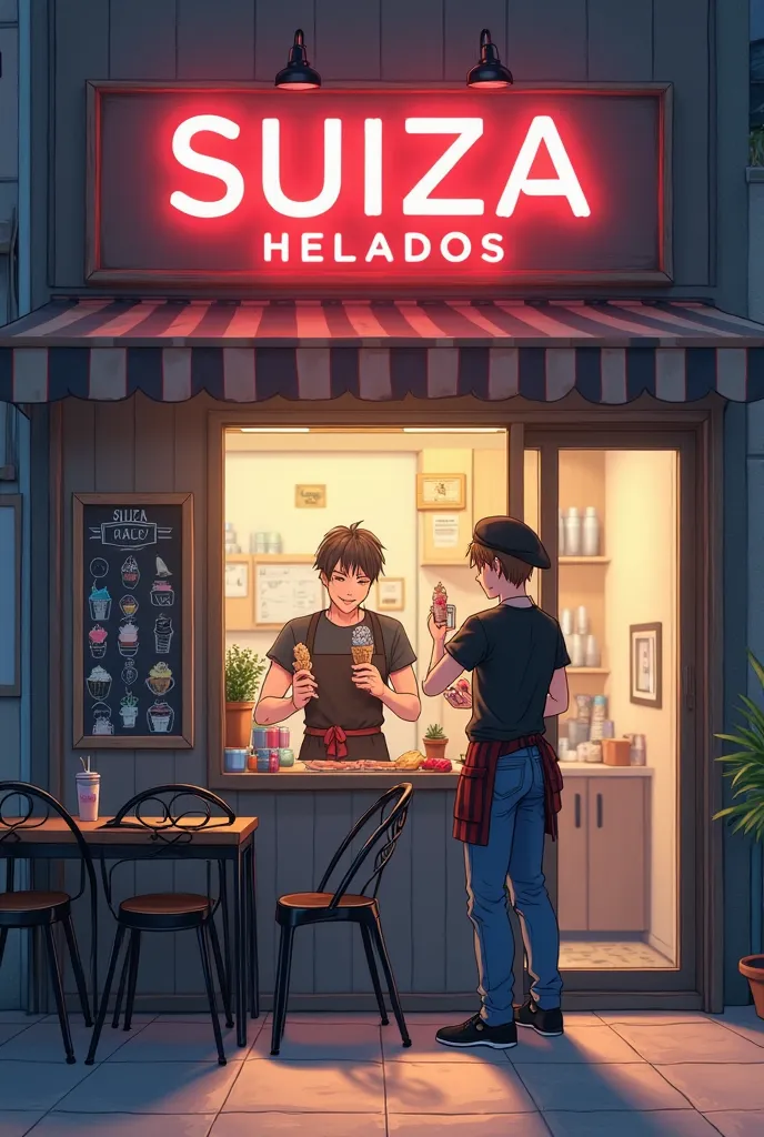 "Anime style, modern and cozy ice cream shop at night with the logo 'SUIZA HELADOS' in bright red, prominently displayed at the top center. A classic wooden chalkboard sign on the side with colorful ice cream drawings in chalk style. Black metal chairs and...