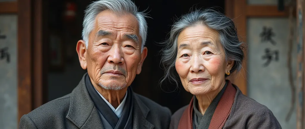 Ultra-realistic image of an elderly Korean couple, both looking directly at the camera. Their faces bear the marks of a life well lived, with soft wrinkles that tell stories of wisdom and tenderness. The man has carefully combed gray hair and the woman has...