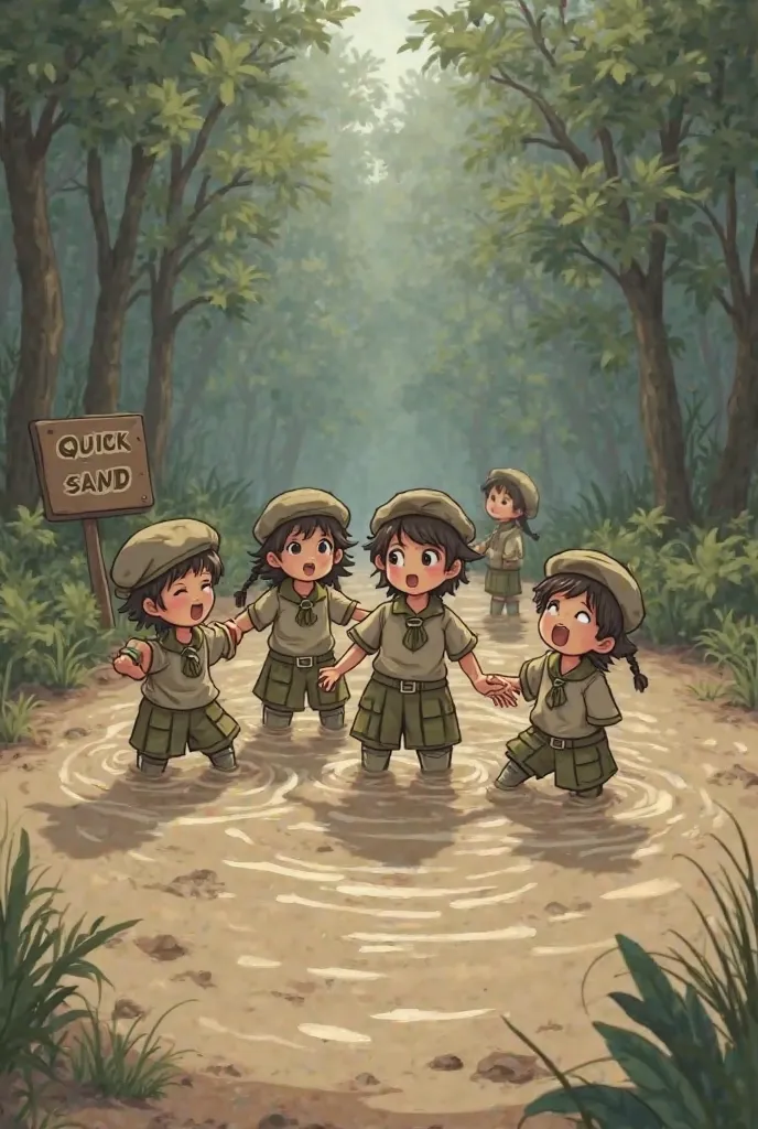 8,Girls Khaki uniforms  Berets Blouse,  Billowing, Sinking  Multi Depths  Ankles ,Knees, Waist ,Chest  going under, deep engulfing Quicksand mire muck  mud! Fine Sand Undulating , struggling Chibi, Kawaii, Surprised   Scared  Trapped, Sinking, Danger Peril...