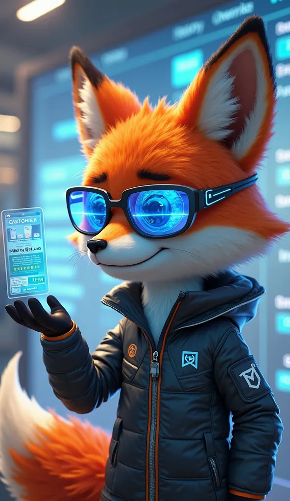 A modern, cyber-inspired fox with bright orange fur and glowing blue accents. Linko is wearing futuristic glasses with holographic screens reflecting special deals. He has a curious expression, tilting his head slightly while inspecting a floating digital ...