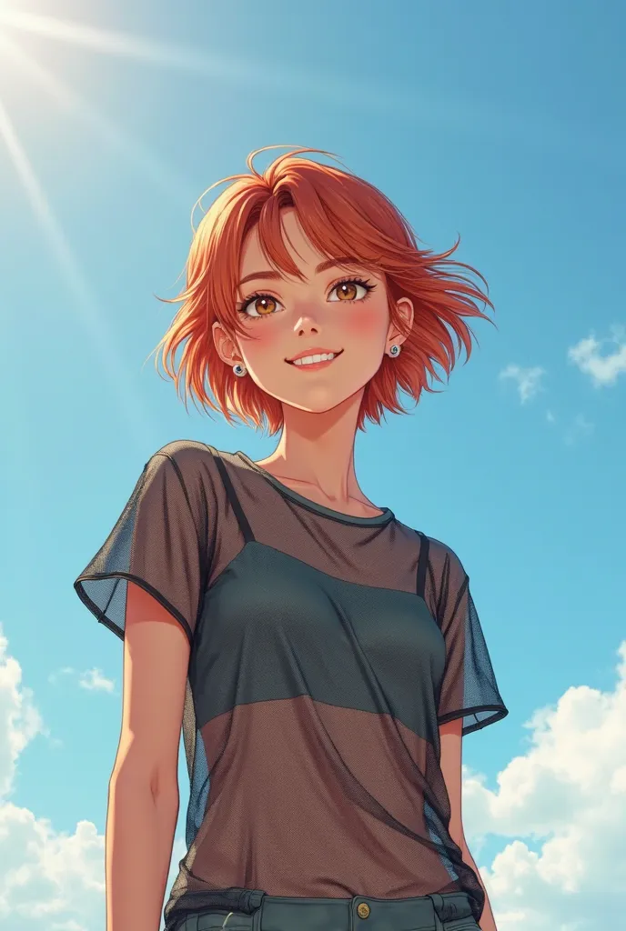 Young woman with short reddish hair,  transparent black mesh , gray t-shirt, bright sun, semi-cloudy blue sky, pose raised,  smiling, hair moving to the right in the breeze,  Comic style image, very full body so you can see all, from the sneakers to the he...