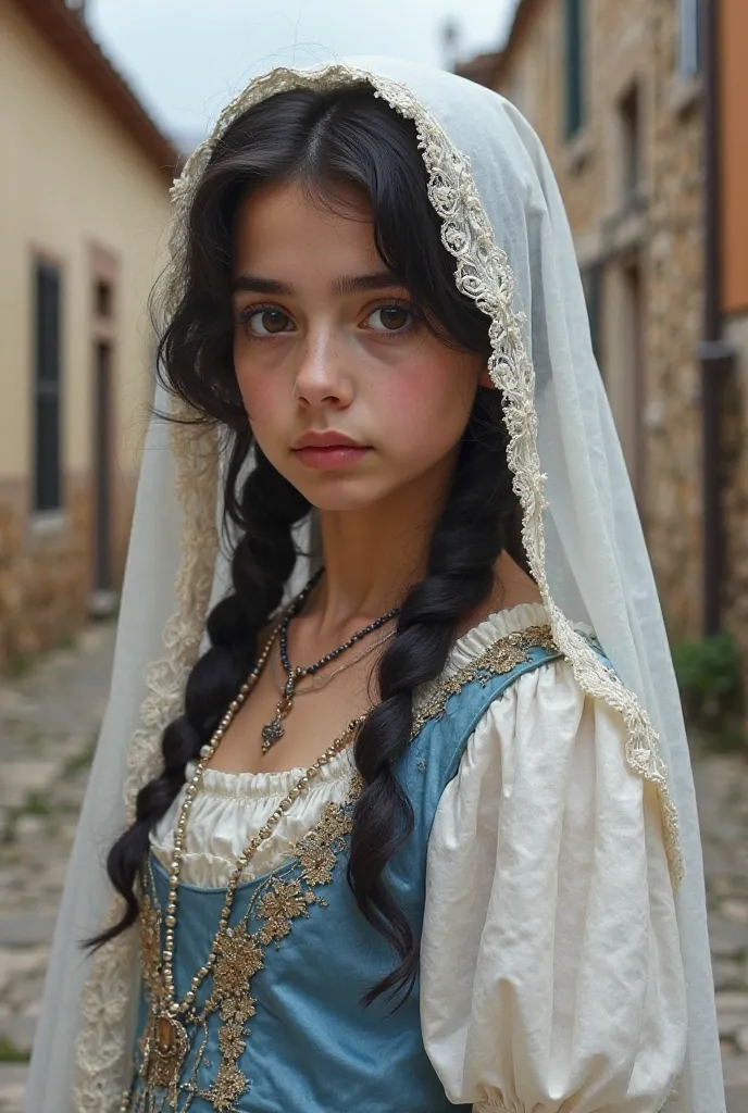 A girl with black eyes and black hair / dressed in a noble nineteenth-century dress / The dress is blue and white / The girl is wearing a white Sicilian veil / also has a rosary around the neck / the background is a Sicilian village