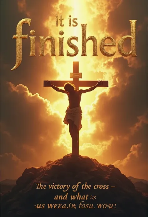 A hyper-realistic, ultra-cinematic book cover featuring the silhouette of Jesus on the cross, bathed in golden light as the sky breaks open, symbolizing the moment of triumph. In the foreground, a massive torn temple veil lies at His feet, representing the...