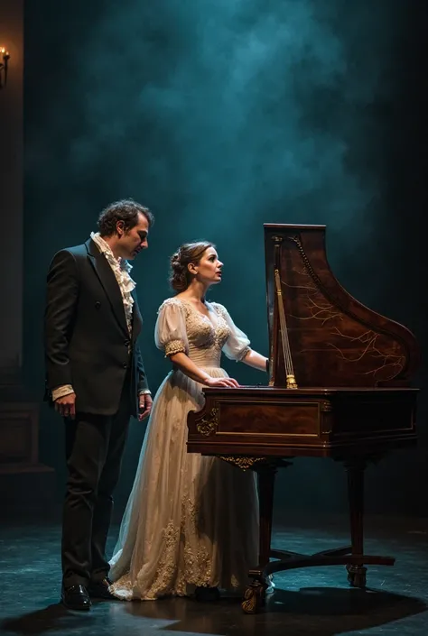 Harpsichord and singer opera man and woman on stage black background dim lighting and diffuse image 