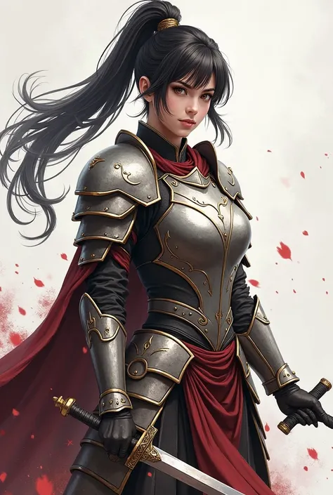 Game standing drawing，Plate armor heavy fighter，Stand with a sword，female，The ponytail is fluttering and messy，Heroic，Full body like，The face is clear and accurate，detail in face，super-fine，16K resolution，high qulity，movie lights，High picture detail，dynami...