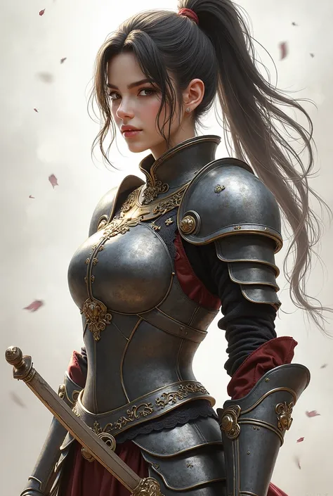 Game standing drawing，Plate armor heavy fighter，Stand with a sword，female，The ponytail is fluttering and messy，Heroic，Full body like，The face is clear and accurate，detail in face，super-fine，16K resolution，high qulity，movie lights，High picture detail，dynami...