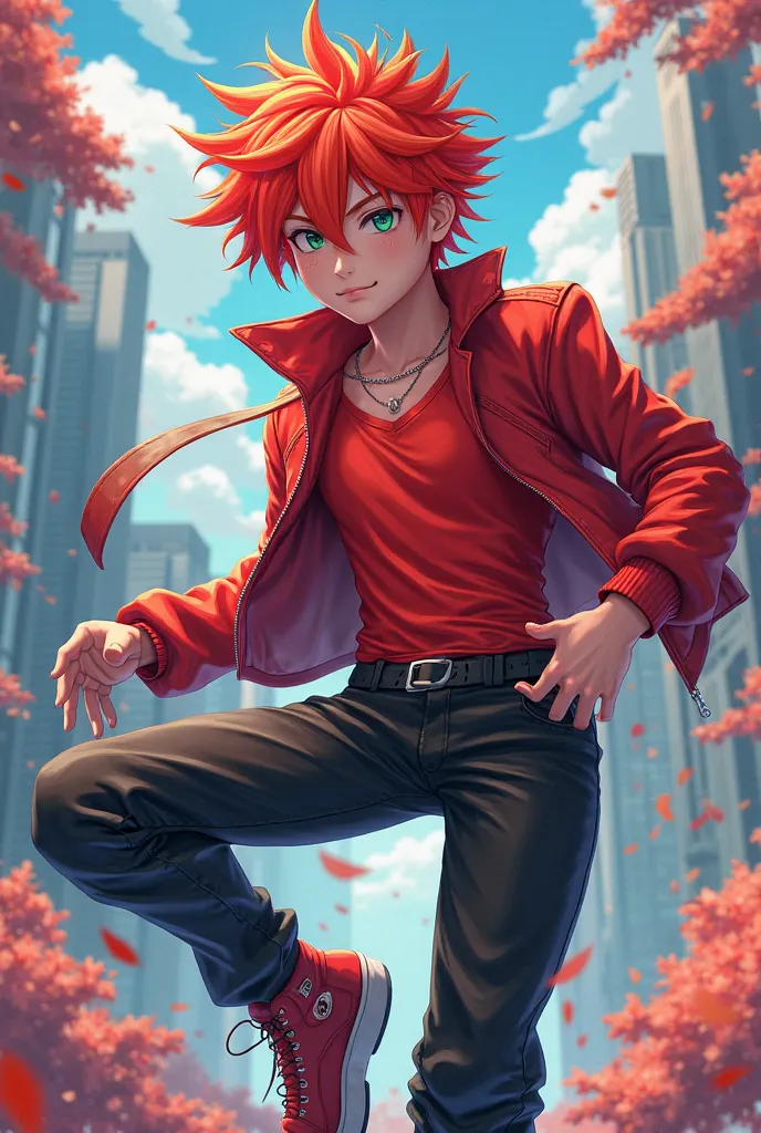  Anime boy, red hair, red clothes and black pants