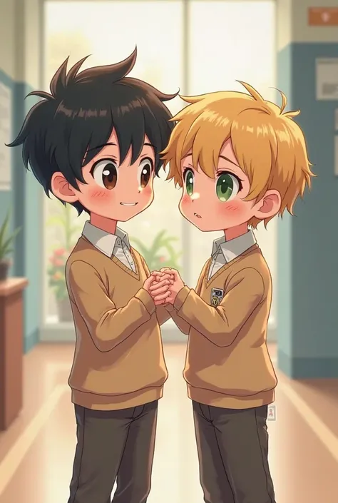 Anime cartoon style. Two boys in light brown school uniforms who are very close. The boy on the left is blackhaired and doesn't look nervous. The boy on the right is blond and looks a bit nervous. 