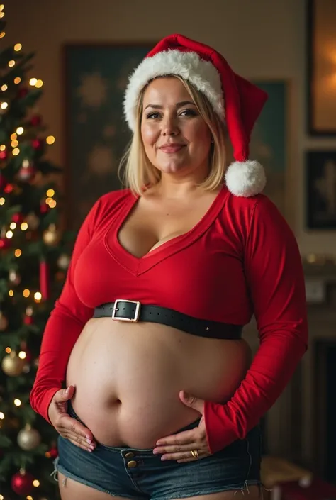 Fat woman, mature,  her belly is exposed and hangs low and over the waistband of the black belt, short blonde hair sleek back, her belly is fully exposed and hangs low, she wears a long red sleeve Christmas crop top, Christmas hat, knee high boots, high ch...