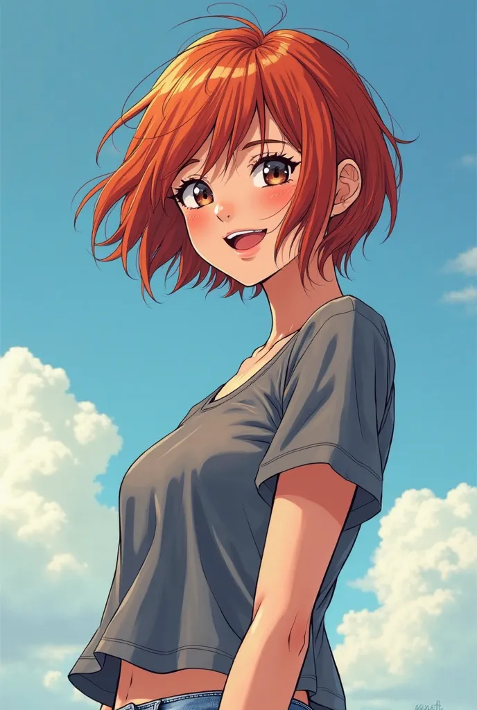 Young woman with short reddish hair, very transparent black meshes, gray t-shirt, medium breasts, bright sun, semi-cloudy blue sky, love pose,  smiling, hair moving to the right in the breeze,  Comic style image, full body,Let everything be seen, from the ...