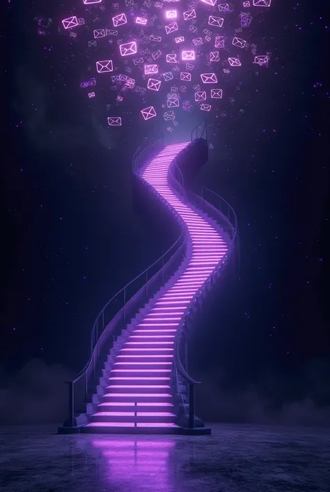 A step-by-step glowing purple staircase leading to an inbox overflowing with opened emails. The background should be black. 