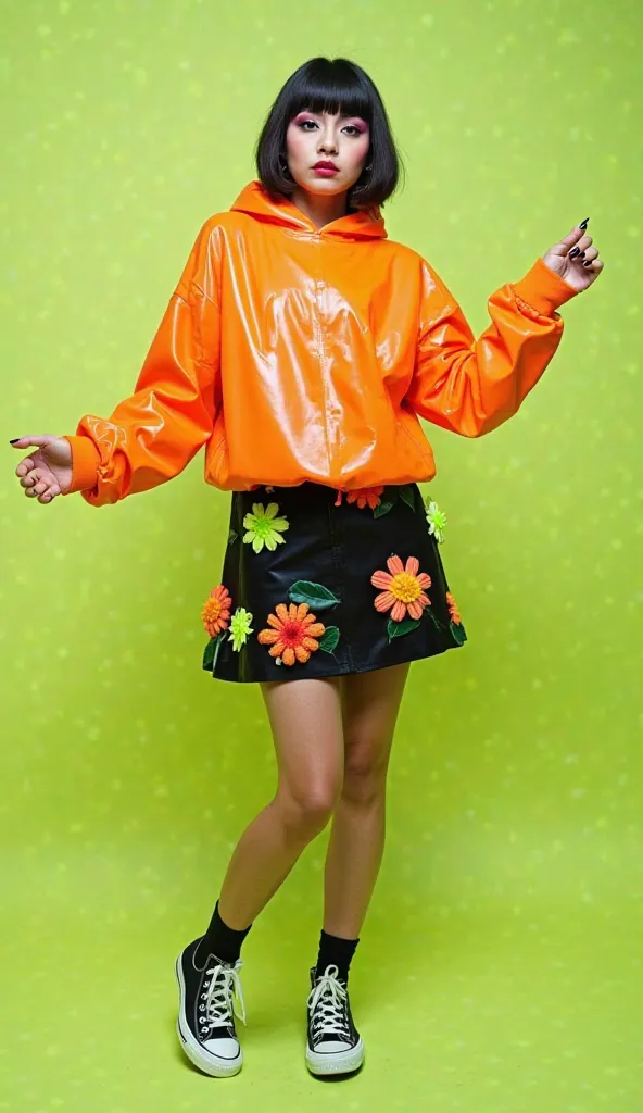 "Realistic photograph of a surreal woman shows gestures while dancing, her makeup and hairstyle with bangs highlights her expression. She wears a bright plastic hoodie, complemented by a black skirt adorned with fluorescent flowers. Her Converse sneakers c...