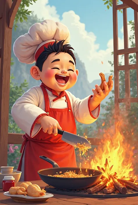 A cartoon Chinese  cuts chicken with a side of a cap and a frying pan in front of him over a wood fire