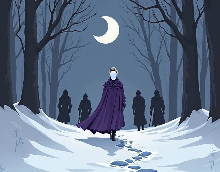 A faceless white male humanoid android with a crown and a purple cape walking against the backdrop of snow and large forest at night. Four silhouettes of your soldiers on the simple art background 