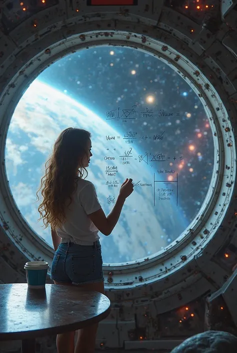 Woman with long brown slightly curly hair with blonde locks, Writing Field Theory equations on a transparent board near a large window overlooking galaxies from a spaceship in a large room with a cup of coffee on top of an alien metal table 