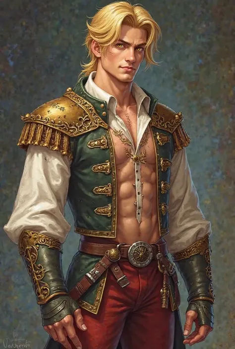 Age: 23
Height: 6'0
Species: Human
Race: Unknown, pale skin and blonde hair with yellow eyes. likely caucasian
Sexuality: gay, attracted to only men

Body: tall and muscular, scars on his shoulders, thighs and one on his stomach from the countless battles ...