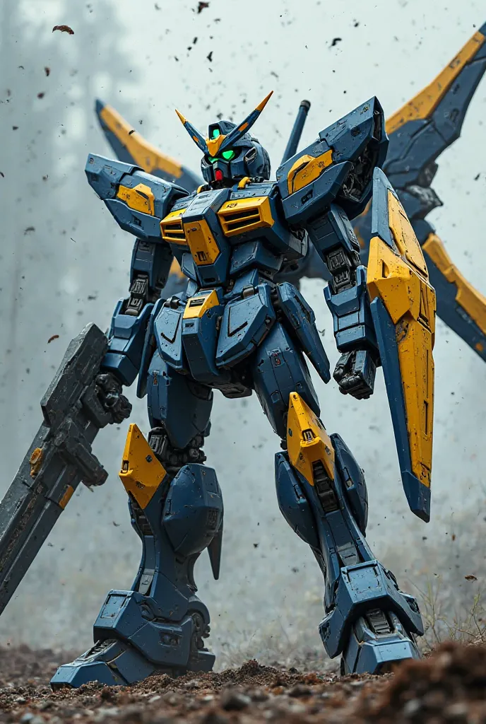 Dark blue yellow robot,use sword,head gundam,wings,brutal and sheld