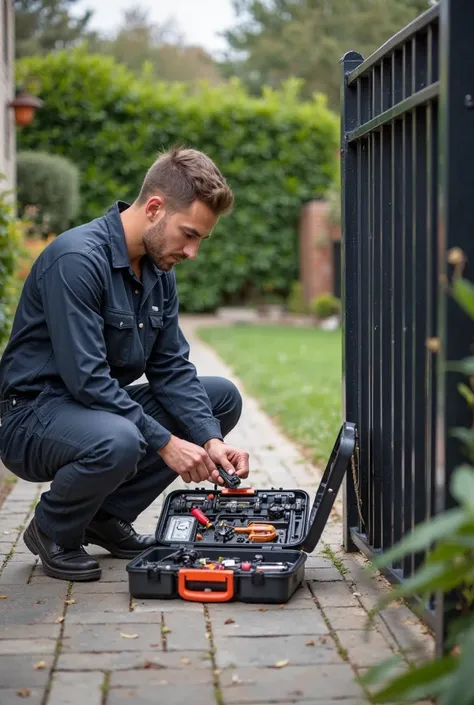 Man repairing automatic gate, quality technical service