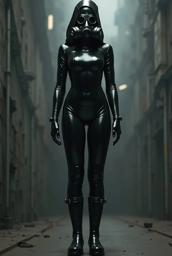 A Girl In a Full black cat Suit Latex and a Gasmask and Latex gloves Wearing black rainboots