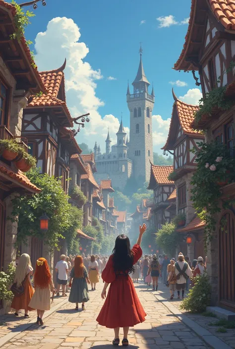 High quality, 8K ultra HD, medieval city with fantastic beings, streets with people of different races, Streets with elves, streets with dwarves, streets with humans, streets with humans mitad animal, anime style, fantastic world, A girl waving