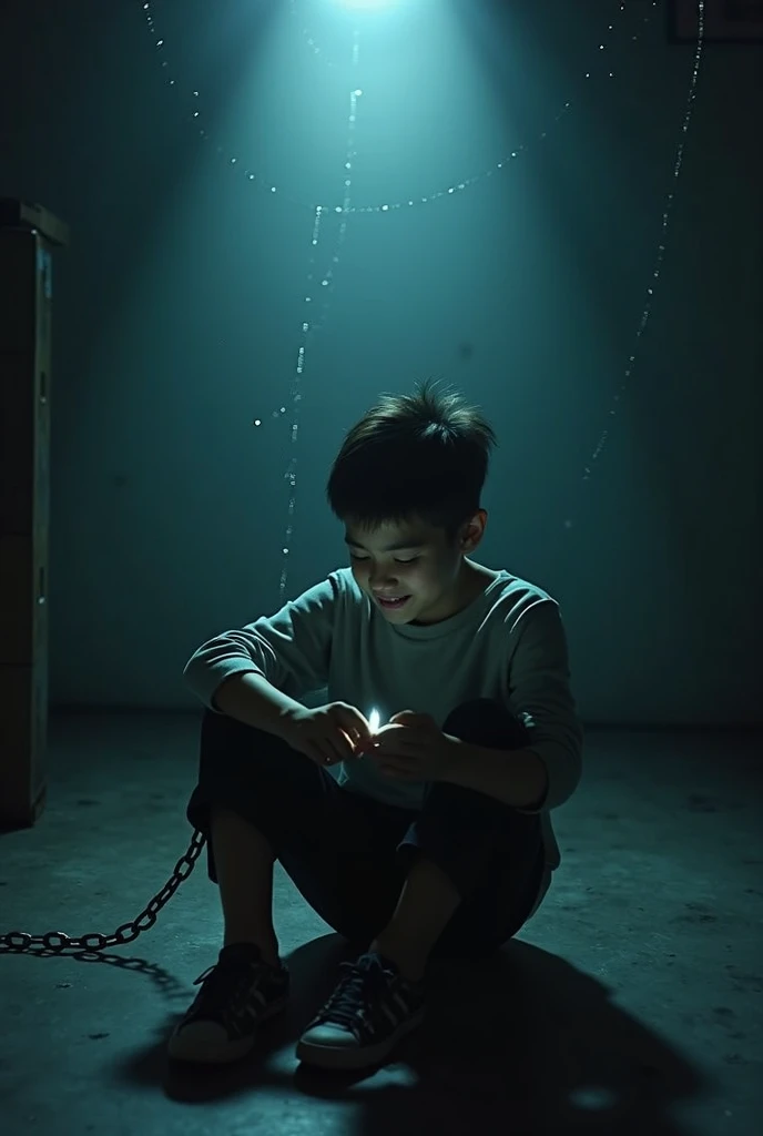 Create an image with a boy sitting on the ground,  in a dark room ,  alone , where it is illuminated only by the light of the telephone watching the memories while crying and smiling but a demon keeps it in chains