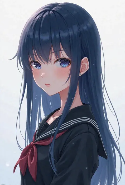 An anime girl with dark blue hair, black schoolwear, long hair goes up to the waist, pretty bangs, dark blue eyes half purple