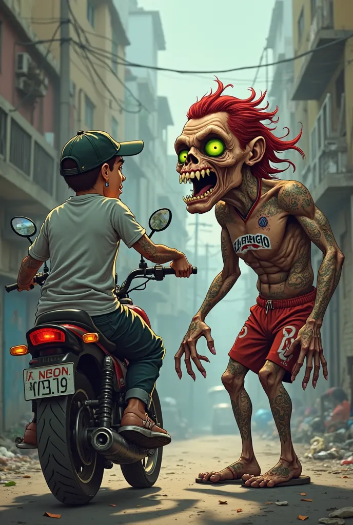 Caricature of a 30-year-old, resident of the Rio de Janeiro favela, Wearing sweatshirts, cap, earrings and tattoos, riding a Honda 150cc. HE SPOTTED A STRANGE SHADOW. A terrifying being appears, he has big green eyes, red hair, several tattoos, wears a Fla...