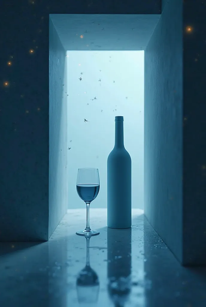 Combine these things in shades of blue , the inside of a box with a hole to be able to see inside it . glass of wine , bottle of wine , This is and shadows of stars 