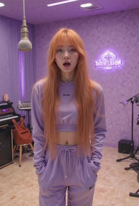  Korean girl, yeji, super extra long blond red-haired hair, gray and smoky eyes, bold makeup with black eyeliner, Rough, ulzzang,  lip piercing , dynamic. Focused enthusiastic professional singing. In a musical room at the Colors studio with a modern lilac...