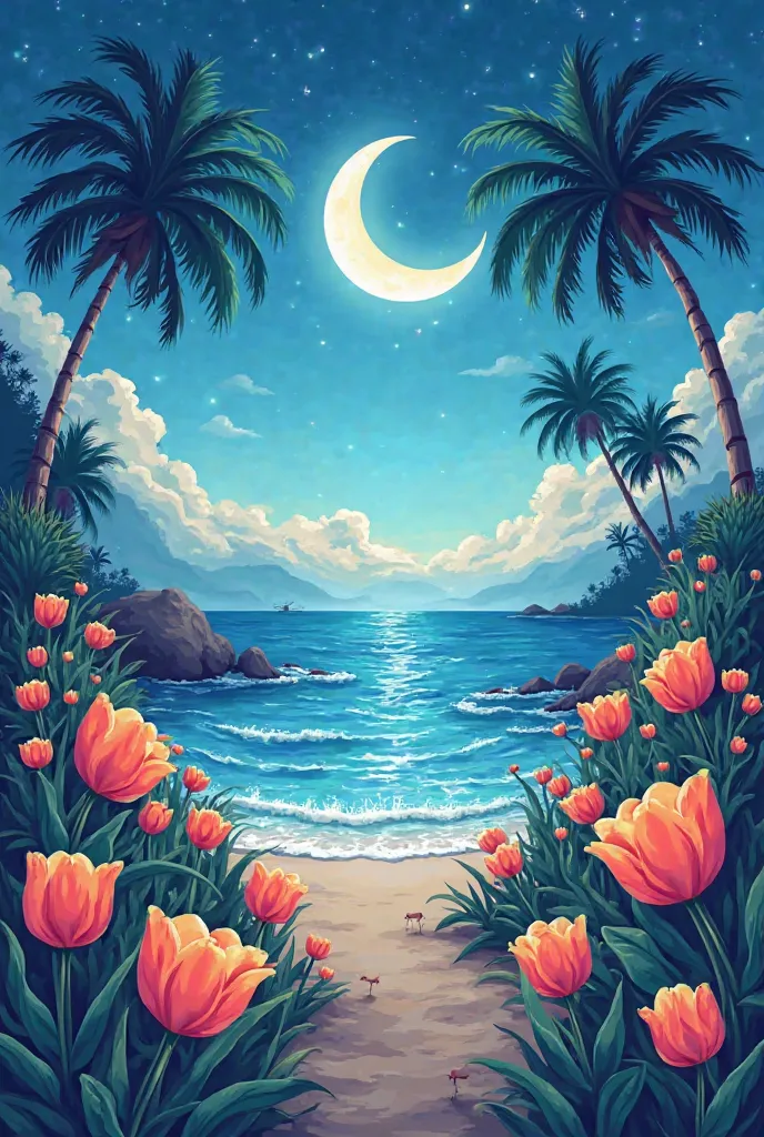 Make me an image of a flag with the following things:

• Color blue. 
• The Moon 
• Tulips 
• Sea 
• Mango