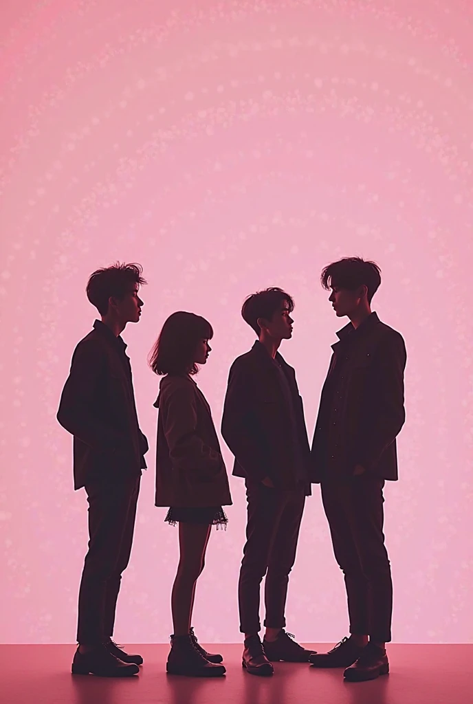 Crwate an image on a pink book covering eith the title "life as an idol" make silhouettes of theses people on it Kim the leader: 25yo, vocalist, rapper, producer, handsome short curly black hair amazing figure. Daeyun: maknae at age 18, vocalist, visual, d...