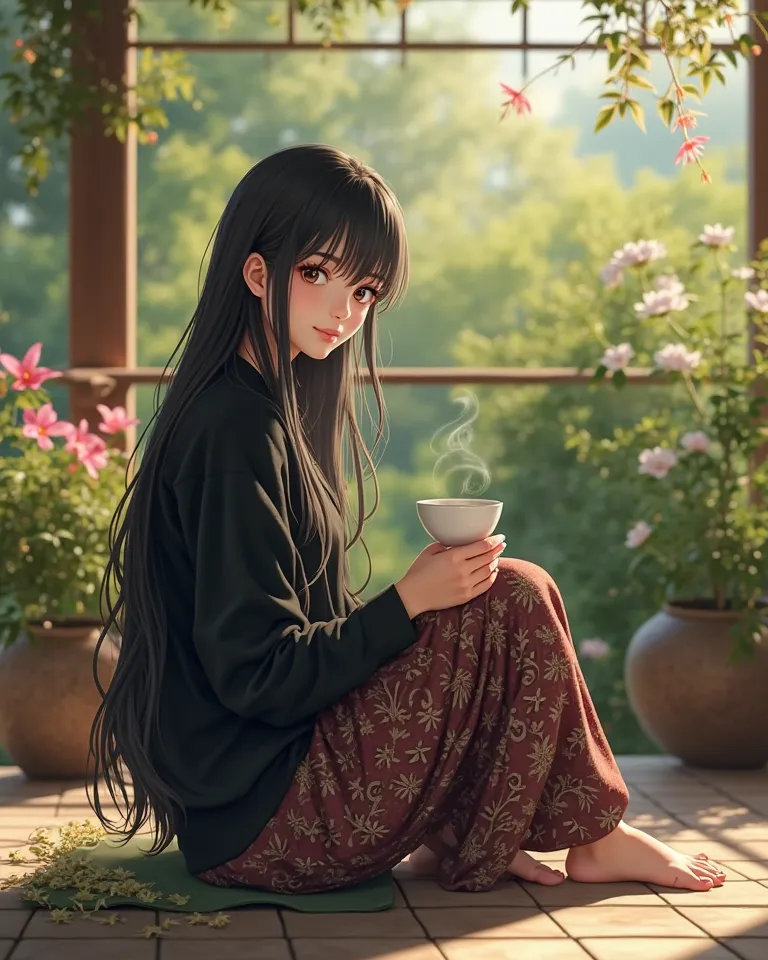 close-up side view of a beautiful girl with long flowing black hair sitting on a quiet sunlit terrace, drinking tea, black sweater and batik pants barefoot, slightly smiling face looking at the camera, lush greenery, intricate flower arrangements, calming ...