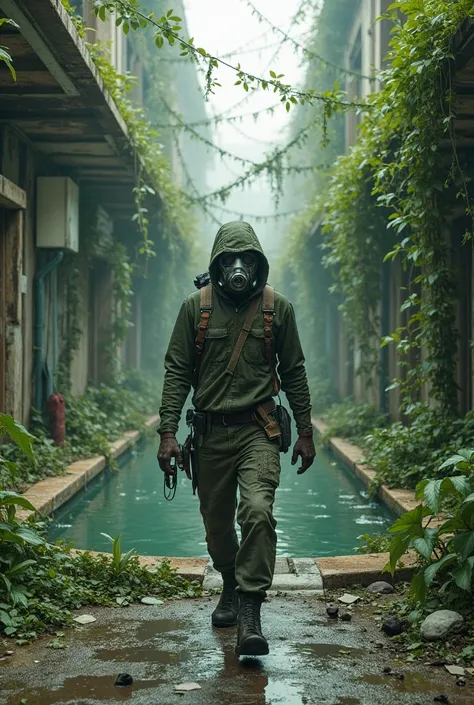 A survivor wearing a radiation mask walking toward a swimming pool overtaken by Mato Verde on the street 