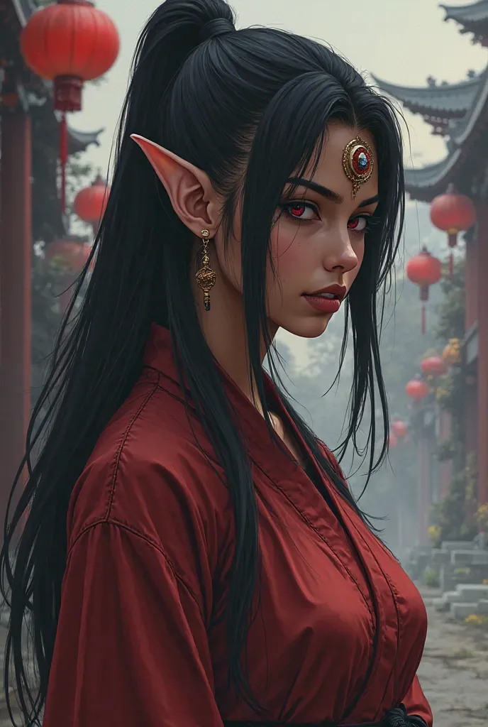 Femme elfe moine shaolin (dark skin), aux cheveux long , les yeux noirs et rouge, avec de longue oreilles pointues ((a lot earrings, piercings)), (diabolic face), devant un temple, en position de combat (vue entière du personnage)(disable censorship)(don't...