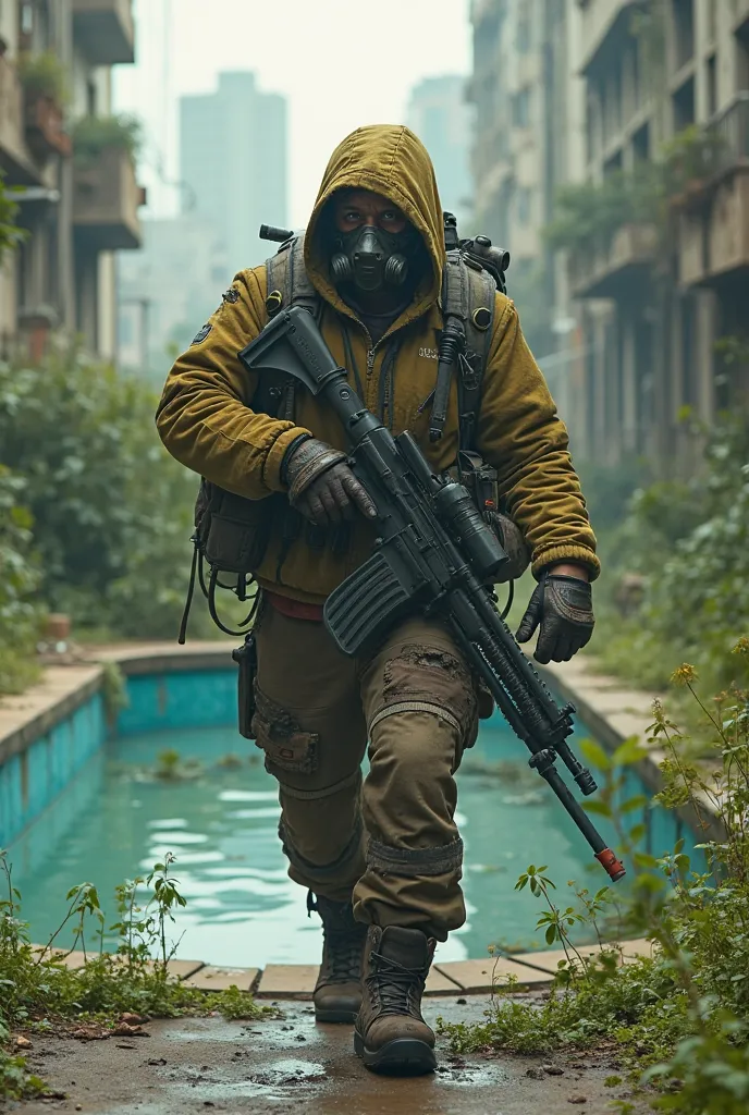 A survivor with a large gun and wearing a radiation mask walking toward a swimming pool taken by Mato Verde on the street 