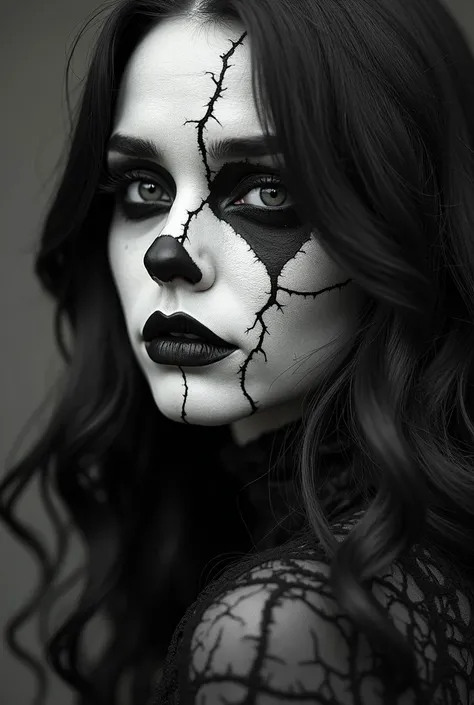 A hyper-realistic, high-definition black-and-white portrait of a gothic woman portrait. She wears  paint makeup with deep black eyeshadow and stark white foundation, giving her a ghostly and dramatic look. A black heart is painted on her cheek as part of h...