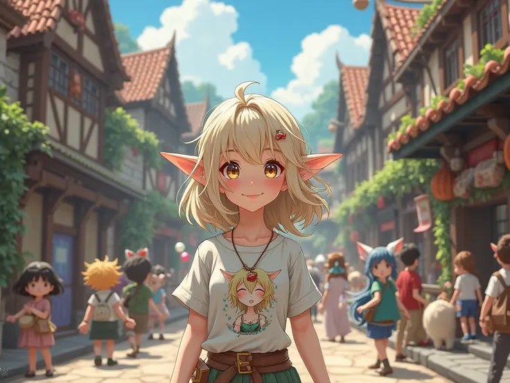 High quality, anime style, Manga style, fantasy world, Elf girl greeting, Streets with fantastic beings,  medieval world,  anime girl t-shirt,  blushed