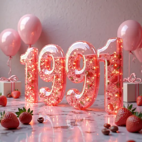 A visually stunning 3D render of the name "1991" crafted in exquisite glass letters. Each letter, filled with a mesmerizing blend of water and strawberry milk juice, exudes a realistic and captivating texture. As the letters catch the light, their depth an...