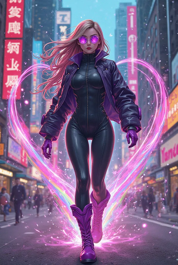 Japanese adult anime superhero rainbow hair walking in New York wearing purple boots and gloves black clothes violet heart-shaped glasses laser rainbow powers 