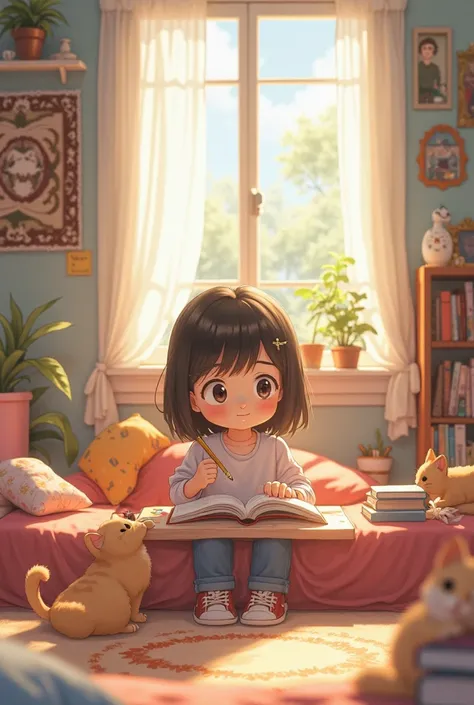 Create a Gif of a girl in her cute little room studying with her cat in anime format