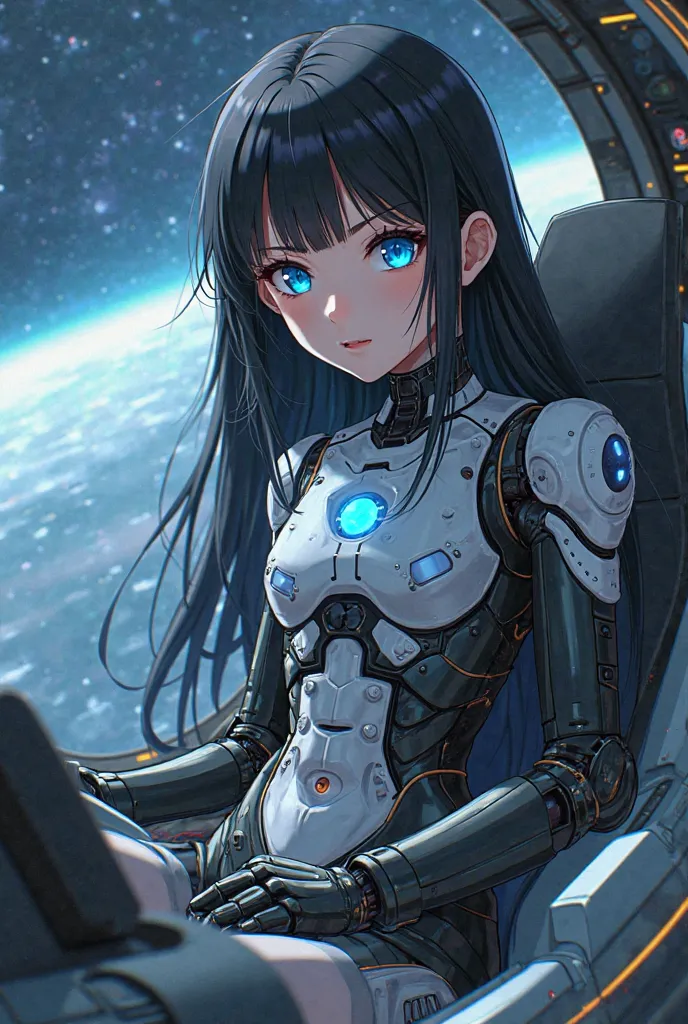 anime style, science fiction, a ten year old girl , long black hair, mechanical blue eyes, android girl , biomechanical , hardware , technological plate fused to her chest ,flat chest , blue light core,  power cables connected to her body , belly , tight, ...