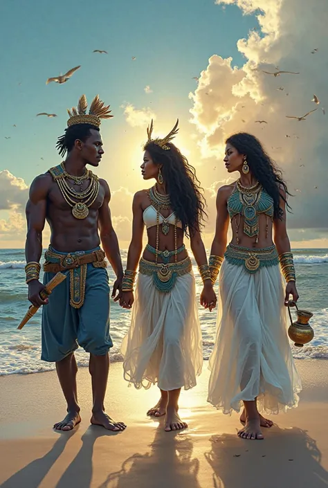 Create an image Containing the three characters mentioned below, possessing the characteristics described,  together on a beach:
Ogun: He is the Orixá of war and iron. It is generally represented as a strong man,  with dark skin and striking features . He ...