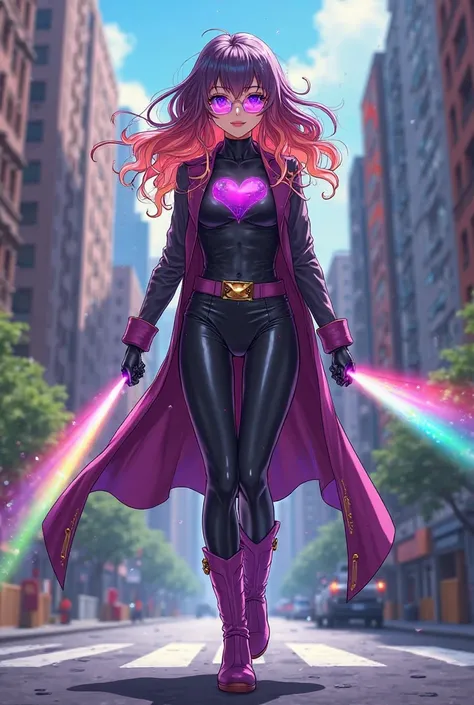 Japanese adult anime superhero hair rainbow colors walking in New York with purple boots and gloves black clothes violet glasses in the shape of a heart rainbow laser powers of the fingers of the hand 