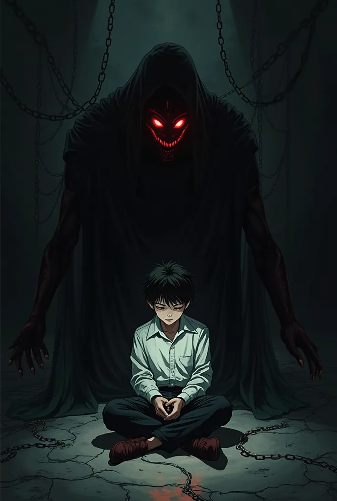 Create an image with a boy sitting on the ground,  in a dark room ,  alone , where he is illuminated only by the light of the telephone watching the memories while he cries and smiles while behind him there is a shinigami who keeps him in chains