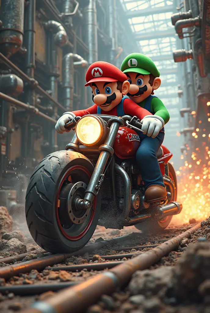 Mario Bros on a motorcycle in a factory 