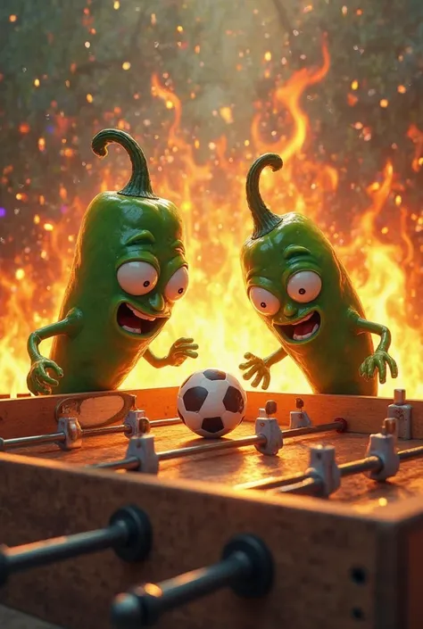 Create an image of two Jalapeños with fire playing table football 