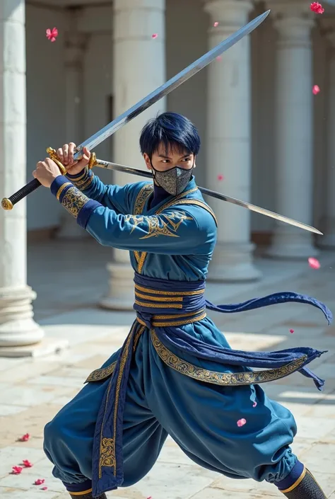 An elegant male ninja representing the Libra sign, wearing a blue and gold costume with a symmetrical design. with a metallic mask covering the mouth. He holds two fine and perfectly balanced swords, deftly twirling them in stylish combat. His blue-black h...