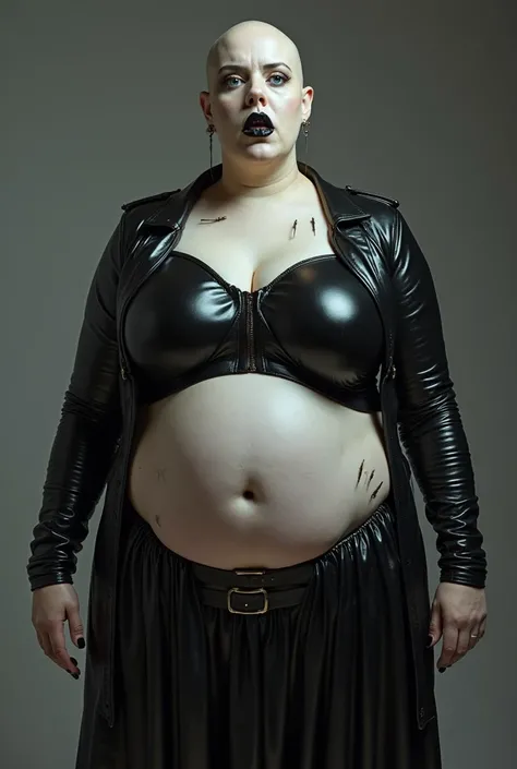 Fat Female cenobite, pale skin, blue eyes, black lips, black tight leather top long sleeves, long black gown black leather tight, high cheek bones, 2 nails on each of her cheeks, belly is fat and big, it hangs low and over the waistband of the gown, 4 nail...